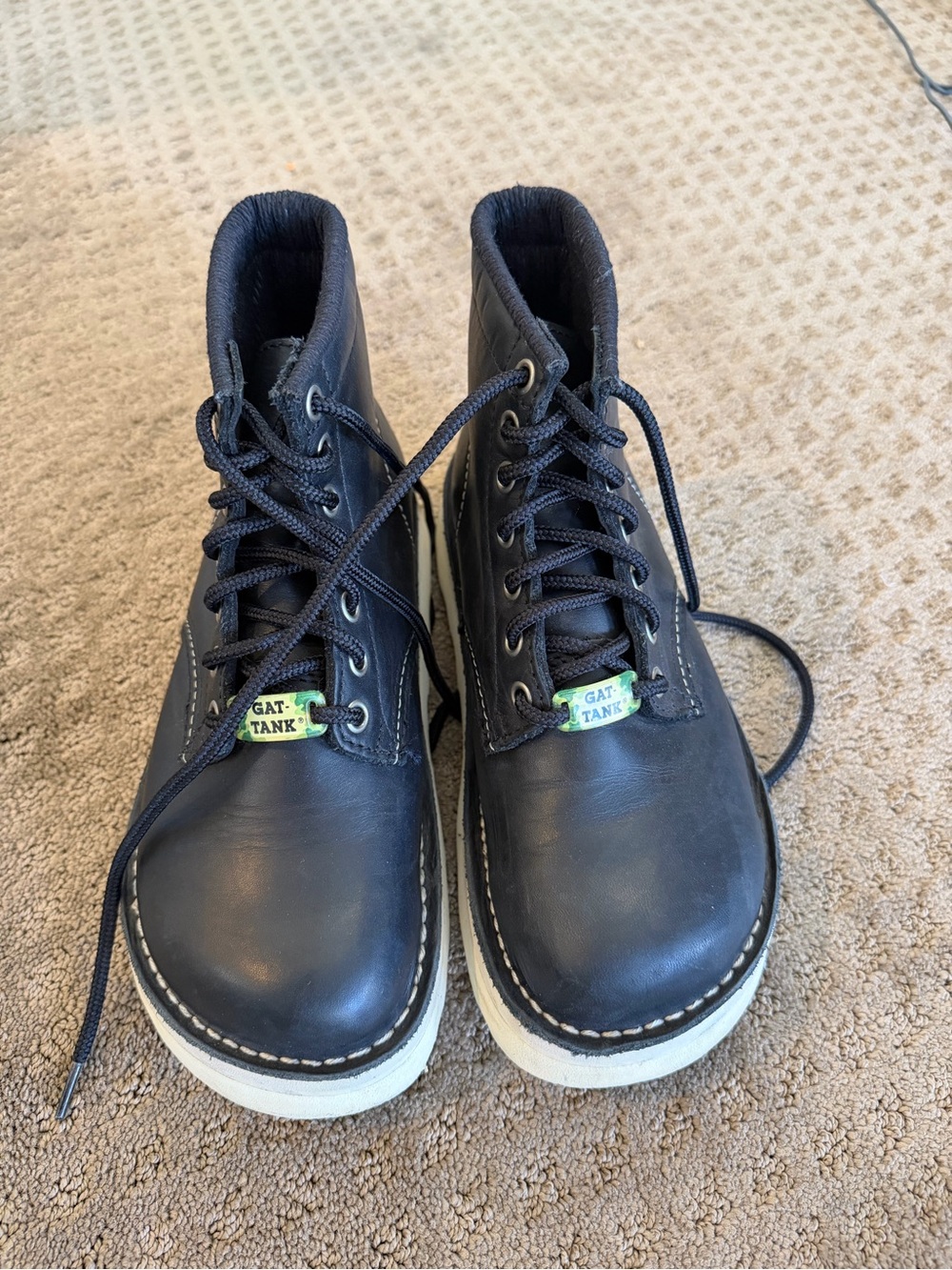Men's Black Leather Lace-Up Work Boots with Contrast White Sole